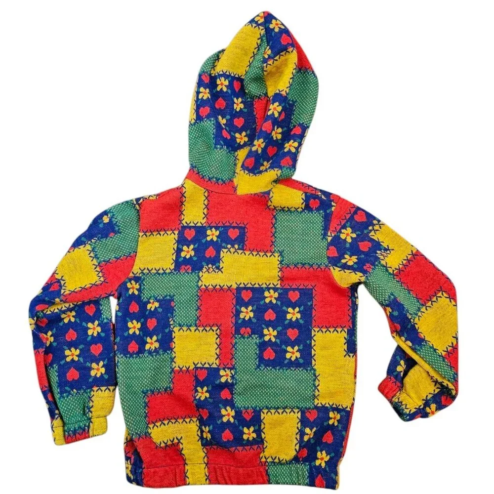 Retro 70s Girls Jacket Patchwork Floral Heart Buttons Knit Hooded Sz 3T 4T 1970s